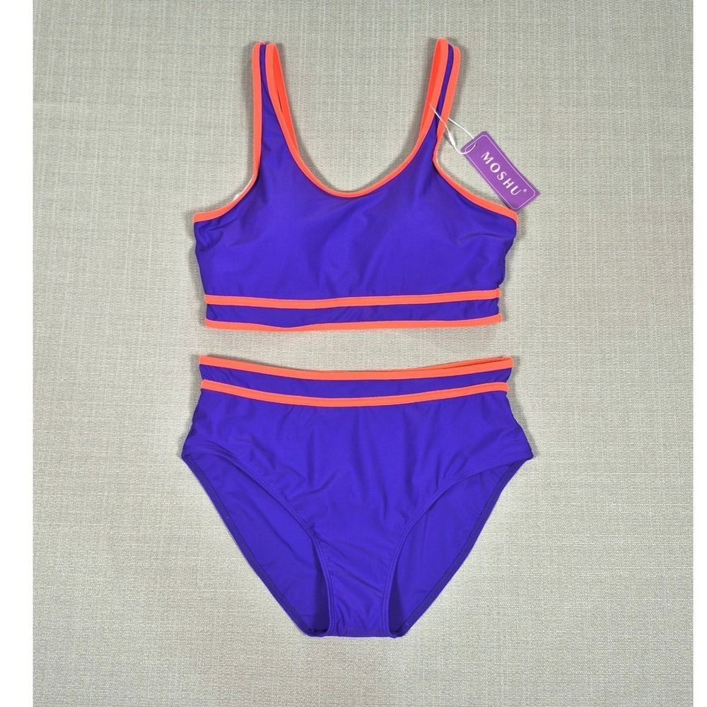 Moshu Womens Bikini Set Purple Orange High Waisted Sporty Swimsuit Size L NWT